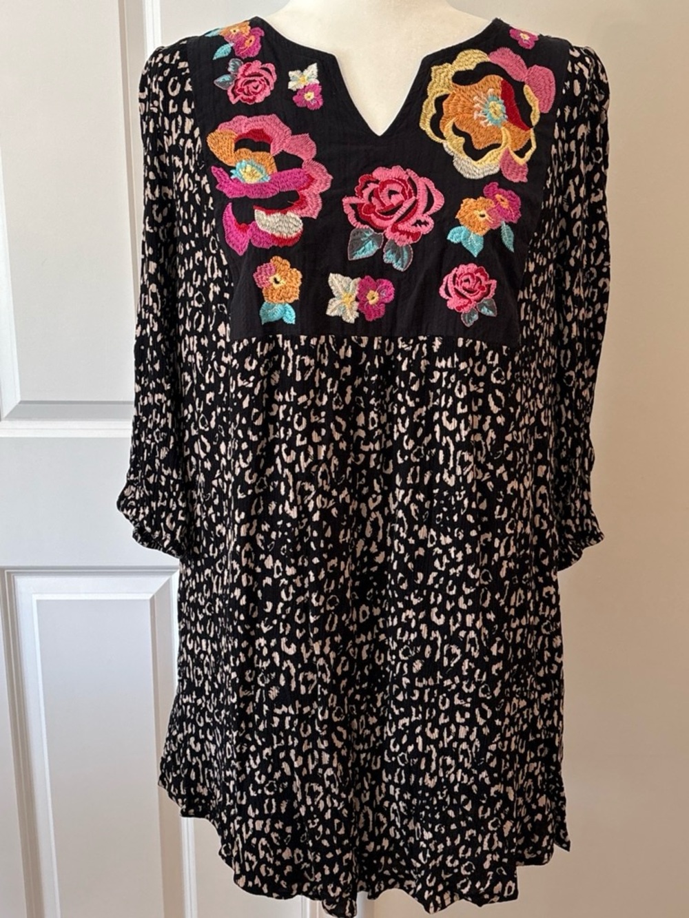 Savanna Jane Black Animal Print Mini Dress with Floral Embroidery 3/4 Sleeves
